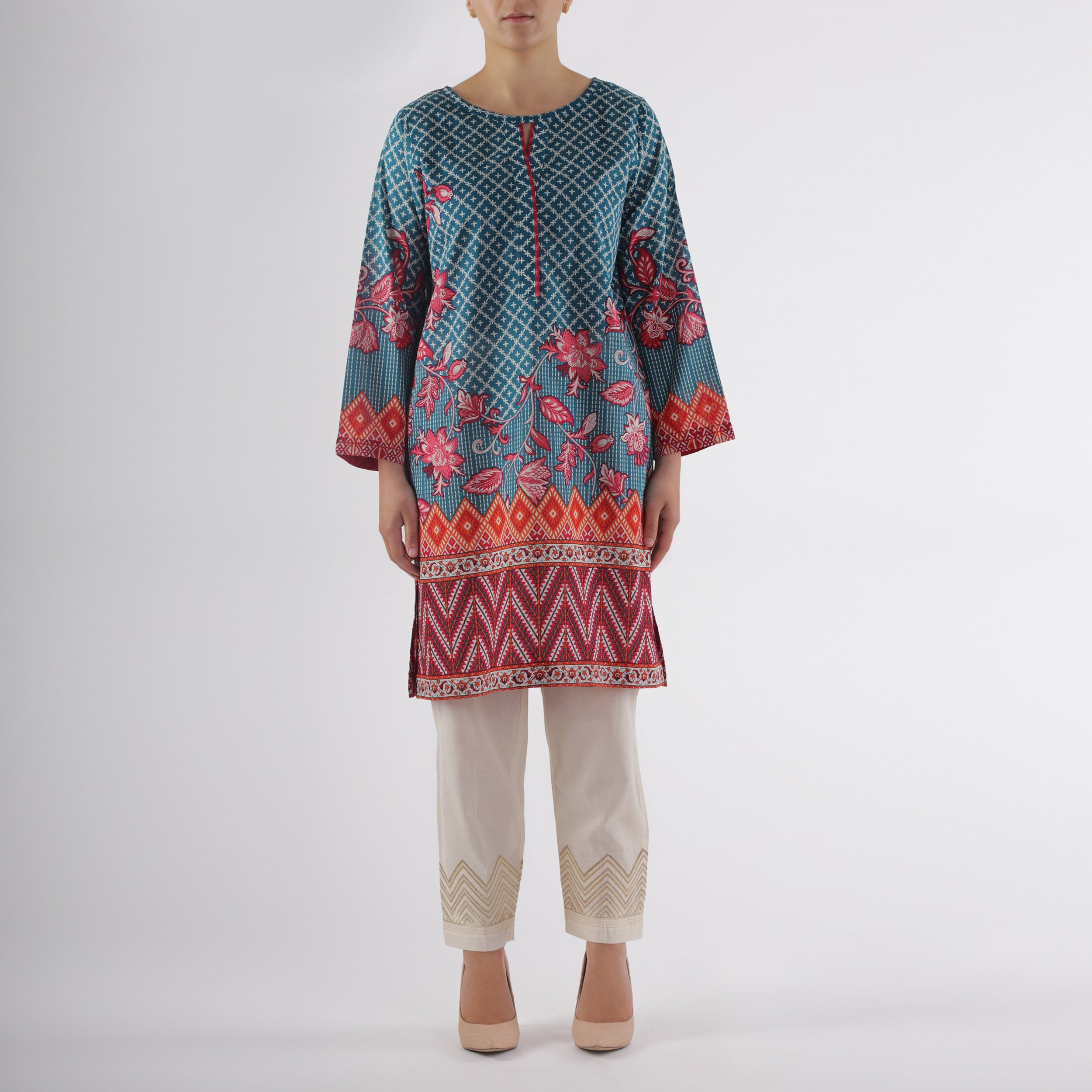 Oaks Teal Lawn Printed Kurti - Anaya Clothing